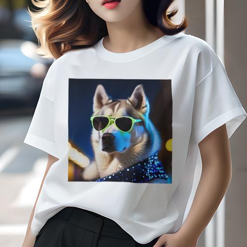 楽天フロントップ楽天市場店Tシャツ レディース 犬ファン 半袖 春夏 プリント カジュアル かわいい 人間用 フィットネス サングラス シベリアンハスキー 夜 光 キラキラ 青色