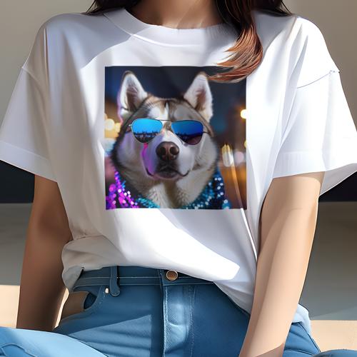 楽天フロントップ楽天市場店Tシャツ レディース 犬ファン 半袖 春夏 プリント カジュアル かわいい 人間用 フィットネス サングラス シベリアンハスキー 夜景 ライト キラキラ