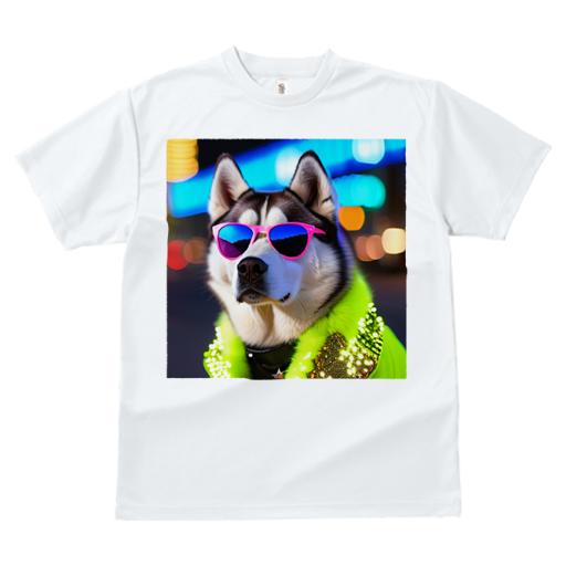 Tシャツ レディース 犬ファン 半袖 春夏 プリント カジュアル かわいい 人間用 フィットネス サングラス ハスキー ネオンライト 夜景 ファッション ドッグコート