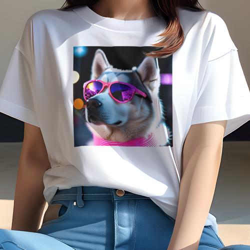 Tシャツ レディース 犬ファン 半袖 春夏 プリント カジュアル かわいい 人間用 フィットネス サングラス シベリアンハスキー ネオン Tシャツ レディース 犬ファン 半袖 春夏 プリント カジュアル かわいい 人間用 フィットネス サングラス シベリアンハスキー ネオン