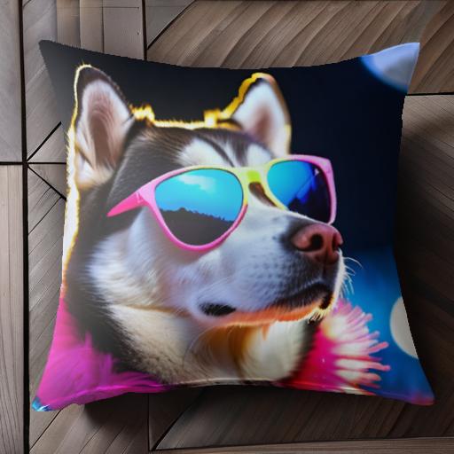 サングラス シベリアンハスキー ピンクのフェザーアクセサリー 夜景 クッションカバー 45×45cm アニマル柄 おしゃれ 可愛い クッション本体付き 正方形