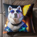 サングラス シベリアンハスキー ジャケット 夜の街 光 クッションカバー 45×45cm アニマル柄 おしゃれ 可愛い クッション本体付き 正方形