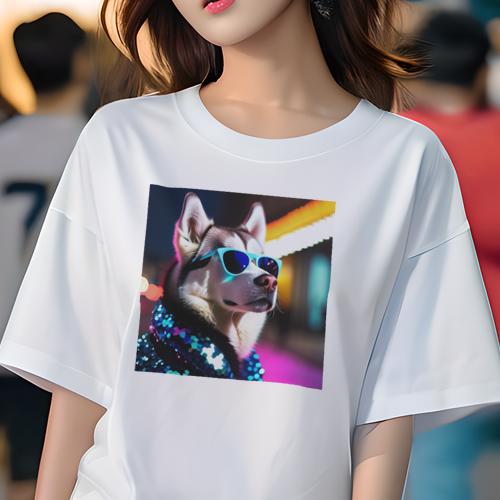 Tシャツ レディース 犬ファン 半袖 春夏 プリント カジュアル かわいい 人間用 フィットネス サングラス ハスキー ネオンライト ファッション Tシャツ レディース 犬ファン 半袖 春夏 プリント カジュアル かわいい 人間用 フィットネス サングラス ハスキー ネオンライト ファッション