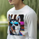 長袖Tシャツ 人間用 メンズ 秋春夏 プリント レジャー アウトドア カジュアル かわいい サングラス シベリアンハスキー 夜 スタイリッシュ ネオン カラフル