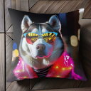 サングラス シベリアンハスキー ネオン 毛皮コート クッションカバー 45×45cm アニマル柄 おしゃれ 可愛い クッション本体付き 正方形