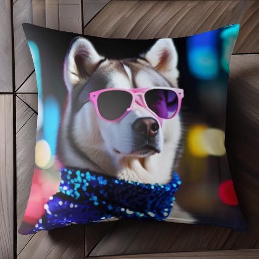サングラス シベリアンハスキー 夜 街 ネオン キラキラ クッションカバー 45×45cm アニマル柄 おしゃれ..