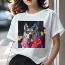 Tシャツ レディース 犬ファン 半袖 春夏 プリント カジュアル かわいい 人間用 フィットネス サングラス シベリアンハスキー ネオン 毛皮コート(4)