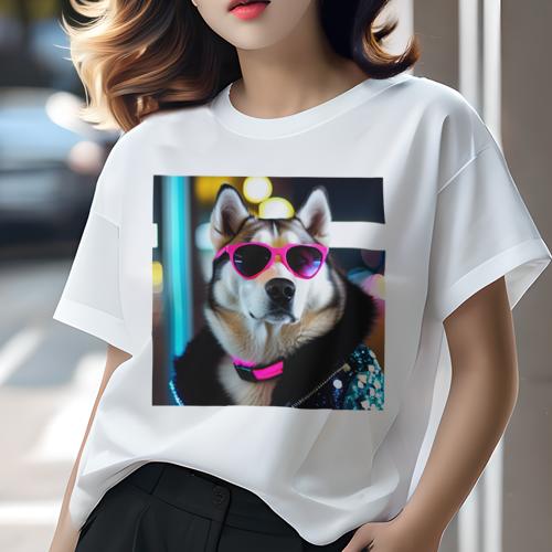 Tシャツ レディース 犬ファン 半袖 春夏 プリント カジュアル かわいい 人間用 フィットネス サングラス シベリアンハスキー 蛍光色の首輪 夜の街 ジャケット Tシャツ レディース 犬ファン 半袖 春夏 プリント カジュアル かわいい 人間用 フィットネス サングラス シベリアンハスキー 蛍光色の首輪 夜の街 ジャケット
