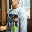 長袖Tシャツ 人間用 メンズ 秋春夏 プリント レジャー アウトドア カジュアル かわいい サングラス シベリアンハスキー 夜の街 ネオン
