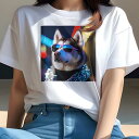 Tシャツ レディース 犬ファン 半袖 春夏 プリント カジュアル かわいい 人間用 フィットネス サングラス シベリアンハスキー イルミネーション 夜景
