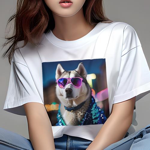 Tシャツ レディース 犬ファン 半袖 春夏 プリント カジュアル かわいい 人間用 フィットネス サングラス シベリアンハスキー 夜景 衣装 光(4)