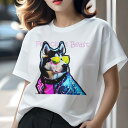 Tシャツ レディース 犬ファン 半袖 春夏 プリント カジュアル かわいい 人間用 フィットネス サングラス シベリアンハスキー 派手な服(4)