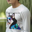 長袖Tシャツ 人間用 メンズ 秋春夏 プリント レジャー アウトドア カジュアル かわいい サングラス シベリアンハスキー コート 星 祝福