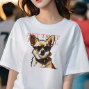 Tシャツ レディース 犬ファン 半袖 春夏 プリント カジュアル かわいい 人間用 フィットネス サングラス チワワ テキスト(4)