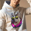 パーカー メンズ 秋春夏 プリント フード付き ポケット無し カジュアル かわいい 人間用 サングラス シベリアンハスキー ピンクの襟(4)