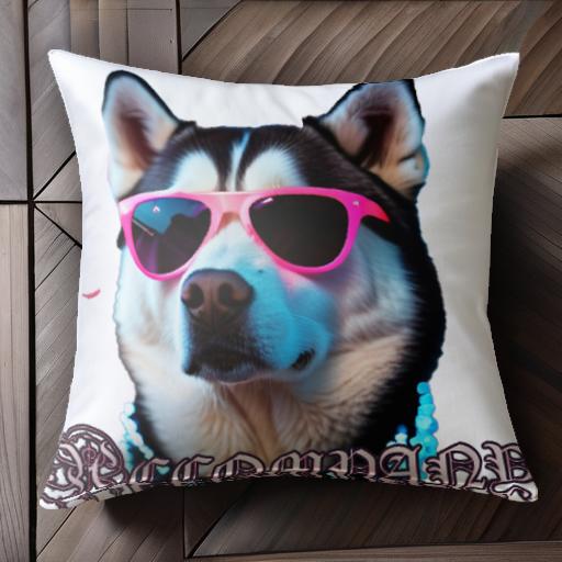 サングラス シベリアンハスキー ネックレス テキスト クッションカバー 45×45cm アニマル柄 おしゃれ 可愛い クッション本体付き 正方形