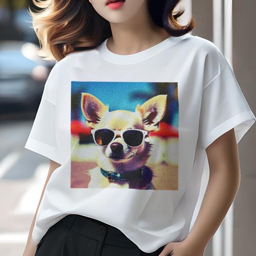 Tシャツ レディース 犬ファン 半袖 春夏 プリント カジュアル かわいい 人間用 フィットネス サングラス チワワ 青い空 日差し Tシャツ レディース 犬ファン 半袖 春夏 プリント カジュアル かわいい 人間用 フィットネス サングラス チワワ 青い空 日差し
