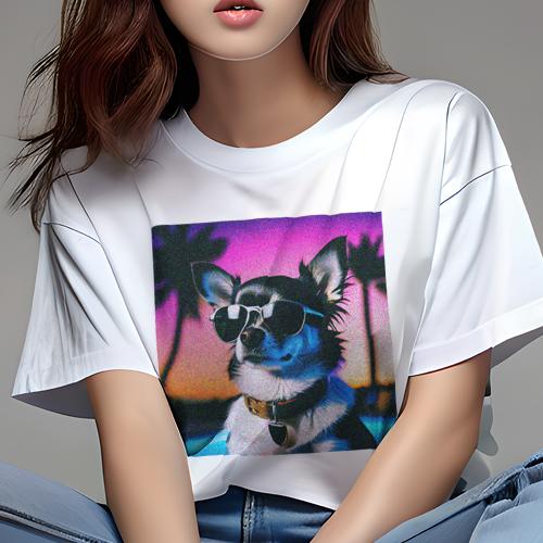 Tシャツ レディース 犬ファン 半袖 春夏 プリント カジュアル かわいい 人間用 フィットネス サングラス チワワ ヤシの木 夕焼け ビーチ