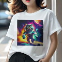 Tシャツ レディース 犬ファン 半袖 春夏 プリント カジュアル かわいい 人間用 フィットネス 宇宙 宇宙猫 銀河 惑星(4)
