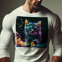長袖Tシャツ 人間用 メンズ 秋春夏 プリント レジャー アウトドア カジュアル かわいい 猫 色鮮やか サイケデリック ネオン 芸術的