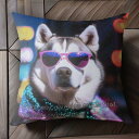 ピンクのサングラス シベリアンハスキー キラキラのジャケット 背景の灯り クッションカバー 45×45cm アニマル柄 おしゃれ 可愛い クッション本体付き 正方形