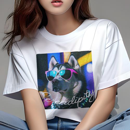 Tシャツ レディース 犬ファン 半袖 春夏 プリント カジュアル かわいい 人間用 フィットネス サングラス ハスキー ネオン 夜 セレンディピティ