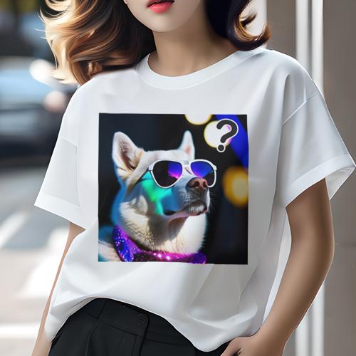 Tシャツ レディース 犬ファン 半袖 春夏 プリント カジュアル かわいい 人間用 フィットネス サングラス ハスキー犬 クエスチョンマーク 宇宙柄のバンダナ 光の輪