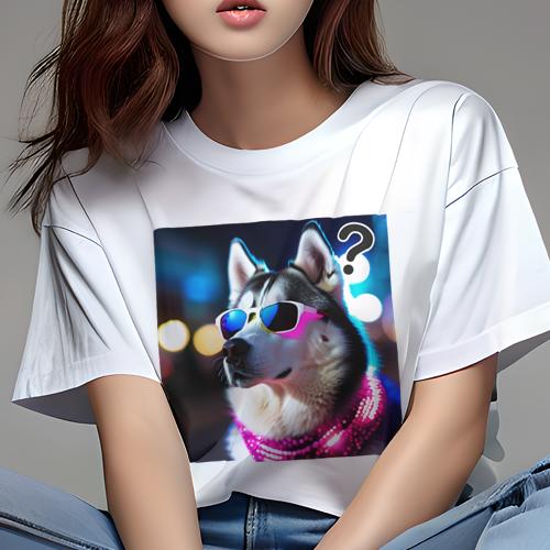 Tシャツ レディース 犬ファン 半袖 春夏 プリント カジュアル かわいい 人間用 フィットネス サングラス ハスキー ネオンライト Tシャツ レディース 犬ファン 半袖 春夏 プリント カジュアル かわいい 人間用 フィットネス サングラス ハスキー ネオンライト