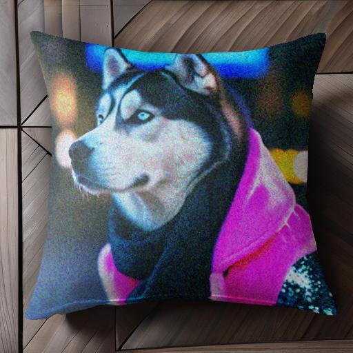ピンクのマフラー シベリアンハスキー 夜景 クッションカバー 45×45cm アニマル柄 おしゃれ 可愛い クッション本体付き 正方形