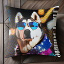サングラス シベリアンハスキー カラフルジャケット ポップアート クッションカバー 45×45cm アニマル柄 おしゃれ 可愛い クッション本体付き 正方形