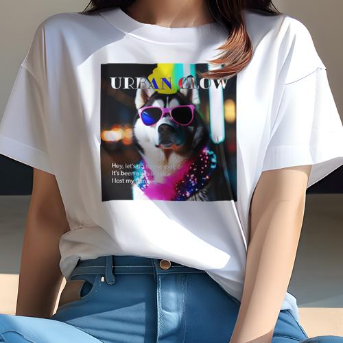 Tシャツ レディース 犬ファン 半袖 春夏 プリント カジュアル かわいい 人間用 フィットネス サングラス シベリアンハスキー ネオン 夜景(4)
