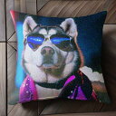 サングラス シベリアンハスキー ジャケット 夜 照明 街 クッションカバー 45×45cm アニマル柄 おしゃれ 可愛い クッション本体付き 正方形
