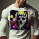 長袖Tシャツ 人間用 メンズ 秋春夏 プリント レジャー アウトドア カジュアル かわいい サングラス シベリアンハスキー ネオン 夜景 ジャケット