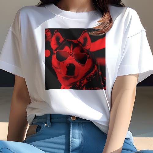 Tシャツ レディース 犬ファン 半袖 春夏 プリント カジュアル かわいい 人間用 フィットネス サングラス シベリアンハスキー スタッズ 赤いフィルター