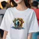 Tシャツ レディース 犬ファン 半袖 春夏 プリント カジュアル かわいい 人間用 フィットネス 笑顔 ゴールデンレトリバー ヘッドホン 音楽 青色