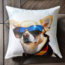 サングラス チワワ テキスト ブルー文字 クッションカバー 45×45cm アニマル柄 おしゃれ 可愛い クッション本体付き 正方形