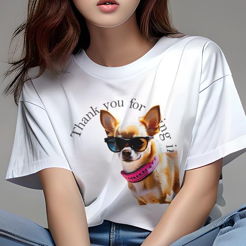 Tシャツ レディース 犬ファン 半袖 春夏 プリント カジュアル かわいい 人間用 フィットネス サングラス チワワ ピンクの首輪 文字