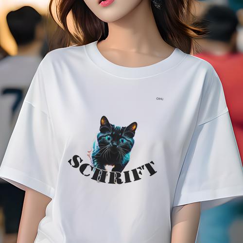 Tシャツ レディース 犬ファン 半袖 春夏 プリント カジュアル かわいい 人間用 フィットネス ネコ その他 シュリフト 青い目 黒猫(4)