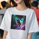 Tシャツ レディース 犬ファン 半袖 春夏 プリント カジュアル かわいい 人間用 フィットネス 宇宙 ネコ 未知 カラフル 星(4)