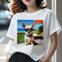 Tシャツ レディース 犬ファン 半袖 春夏 プリント カジュアル かわいい 人間用 フィットネス サングラス チワワ ビーチ 日傘 明るい空 海