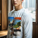 長袖Tシャツ 人間用 メンズ 秋春夏 プリント レジャー アウトドア カジュアル かわいい サングラス チワワ ビーチ 日傘 明るい空 海