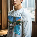 長袖Tシャツ 人間用 メンズ 秋春夏 プリント レジャー アウトドア カジュアル かわいい サングラス チワワ プール 日傘 木 犬の首輪