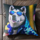サングラス シベリアンハスキー 煌びやかなコート 夜の街 ネオン クッションカバー 45×45cm アニマル柄 おしゃれ 可愛い クッション本体付き 正方形