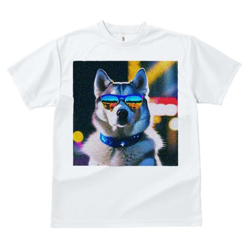Tシャツ レディース 犬ファン 半袖 春夏 プリント カジュアル かわいい 人間用 フィットネス サングラス シベリアンハスキー 首輪 星 夜景 ネオン