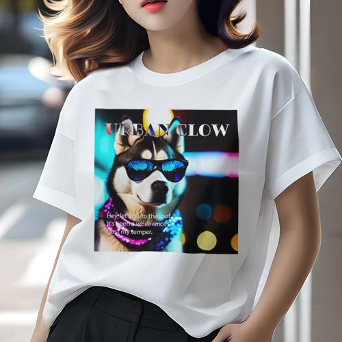 Tシャツ レディース 犬ファン 半袖 春夏 プリント カジュアル かわいい 人間用 フィットネス サングラス シベリアンハスキー 都市の背景 光 ファッション