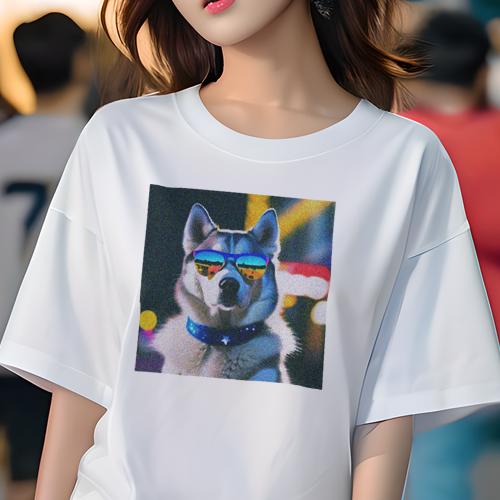 Tシャツ レディース 犬ファン 半袖 春夏 プリント カジュアル かわいい 人間用 フィットネス サングラス シベリアンハスキー 首輪 星 夜景 ネオン Tシャツ レディース 犬ファン 半袖 春夏 プリント カジュアル かわいい 人間用 フィットネス サングラス シベリアンハスキー 首輪 星 夜景 ネオン