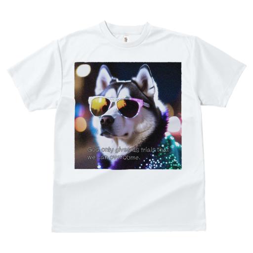 Tシャツ レディース 犬ファン 半袖 春夏 プリント カジュアル かわいい 人間用 フィットネス サングラス シベリアンハスキー 夜 ネオン