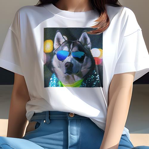 楽天フロントップ楽天市場店Tシャツ レディース 犬ファン 半袖 春夏 プリント カジュアル かわいい 人間用 フィットネス サングラス シベリアンハスキー きらきら 夜