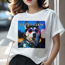Tシャツ レディース 犬ファン 半袖 春夏 プリント カジュアル かわいい 人間用 フィットネス サングラス シベリアンハスキー 星柄ジャケット 夜の街(4)