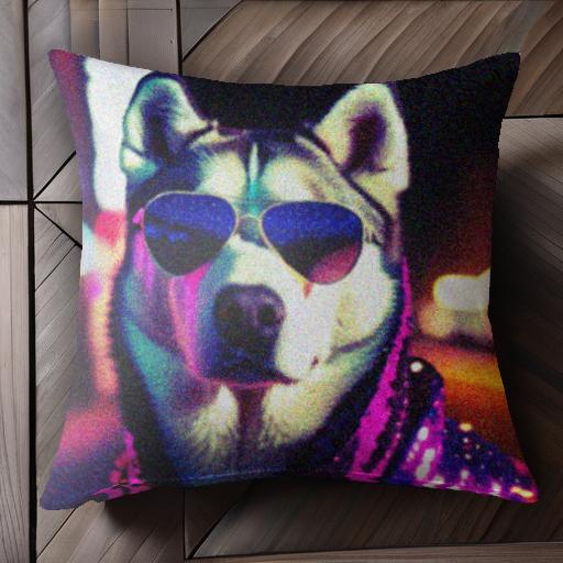 ネオン シベリアンハスキー サングラス 夜 派手 光 クッションカバー 45×45cm アニマル柄 おしゃれ 可..